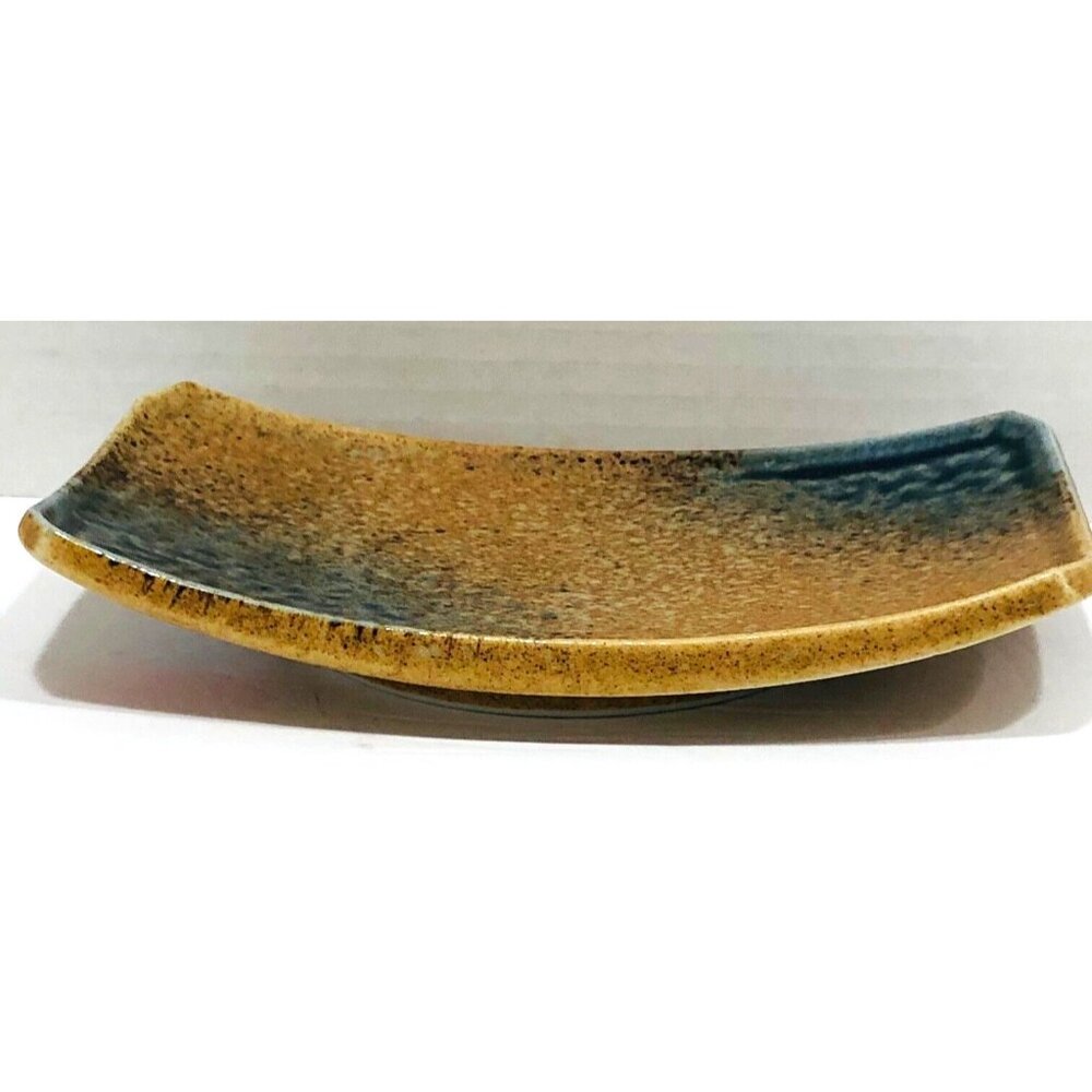 Aoi Nagashi Blue Tan Glazed‎ Rectangular Plate Trinket Dish 7.25 x 4.75 Signed